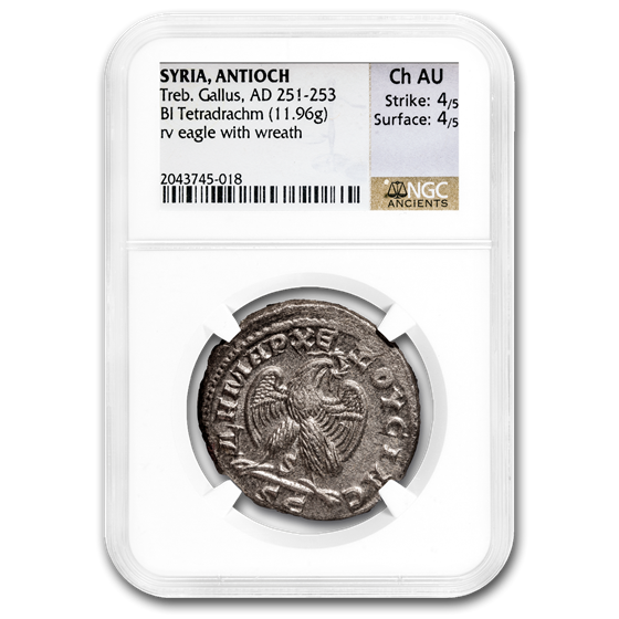 Roman Syria BI Tetradrachm Emp. Treb Gallus (251-53 AD) Ch AU NGC Roman Syria BI Tetradrachm Emp. Treb Gallus (251-53 AD) Ch AU NGC